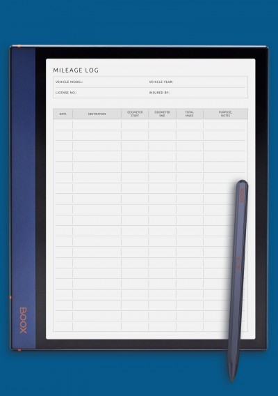 Mileage Log Template for BOOX Note