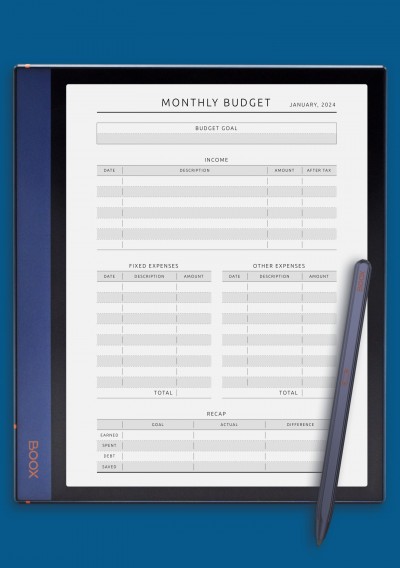 Minimal Monthly Budget Tracker template for BOOX Note