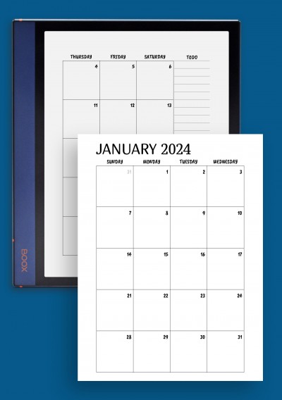 Minimal monthly calendar template for BOOX Note Air