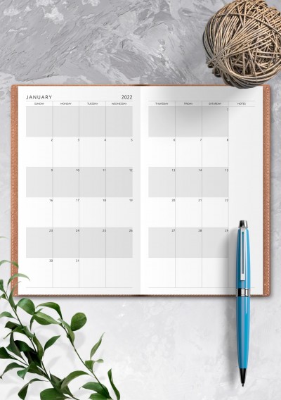 Minimal monthly calendar for Travelers Notebook