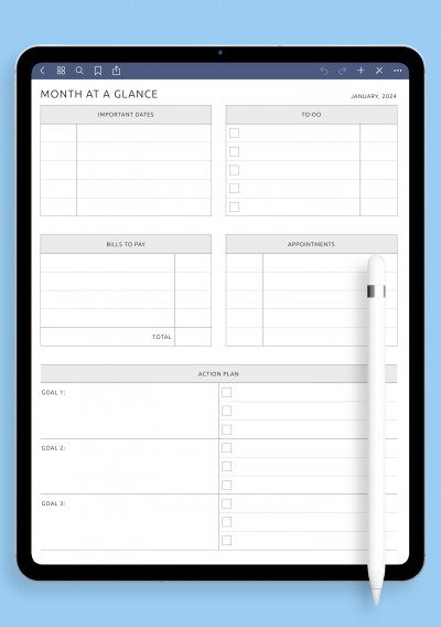 Month at a Glance with Action Plans Template for Notability