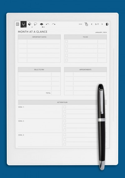 Supernote A5X Month at a Glance with Action Plans Template