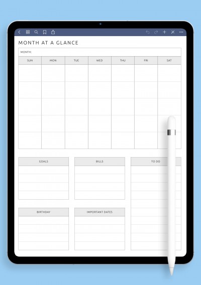 Month at a Glance Template Template for iPad & Android