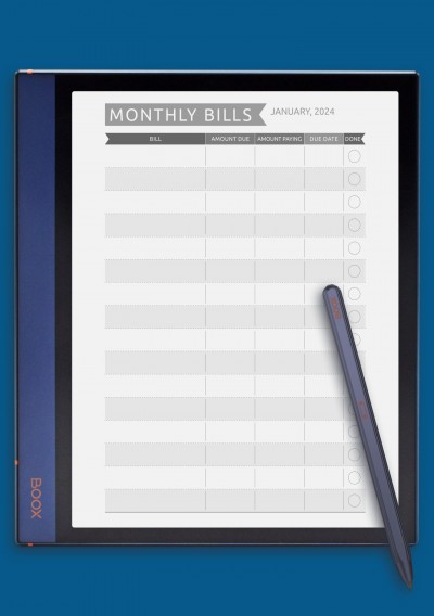Monthly Bills - Casual Style Template for BOOX Note