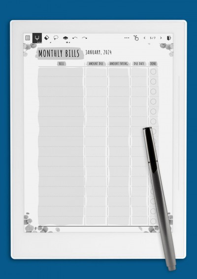 Monthly Bills - Floral Style Template for Supernote