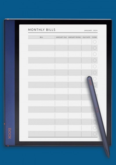 Monthly Bills - Original Style Template for BOOX Note