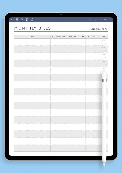 Monthly Bills - Original Style Template for Notability