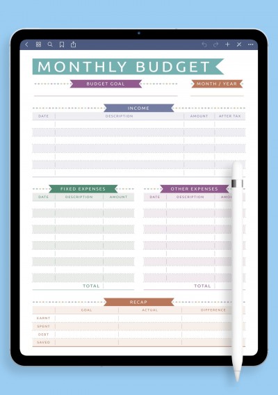 Monthly Budget - Casual Style Template for GoodNotes
