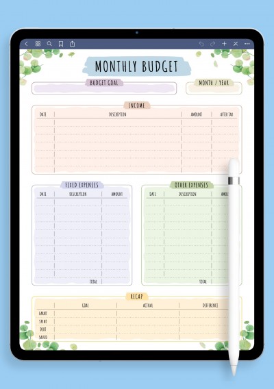 Notability Monthly Budget - Floral Style Template