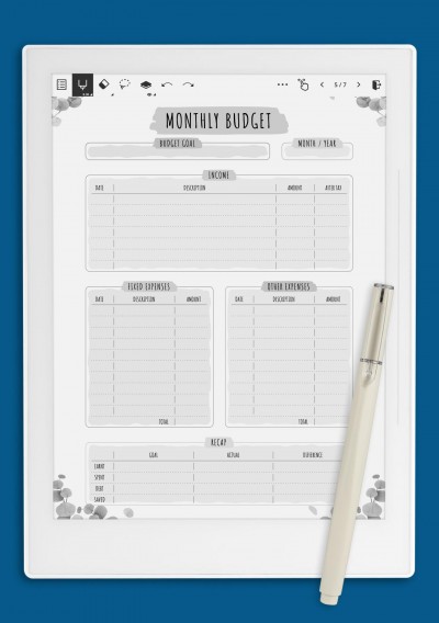 Monthly Budget - Floral Style Template for Supernote A5X