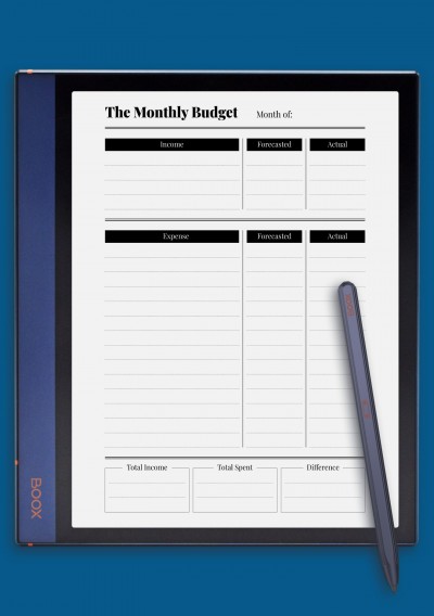 Monthly budget with income and spent difference template for BOOX Note