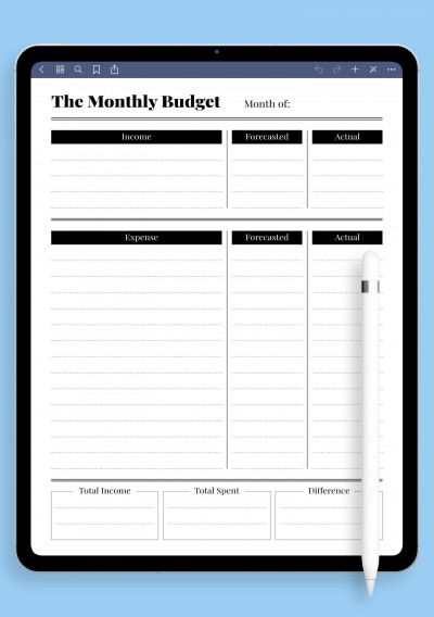 Monthly budget with income and spent difference template for iPad & Android