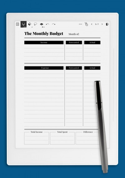 Supernote A5X Monthly budget with income and spent difference template