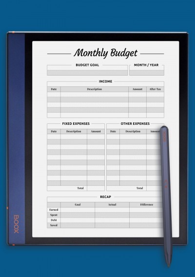 Monthly budget with Recap section template for BOOX Note
