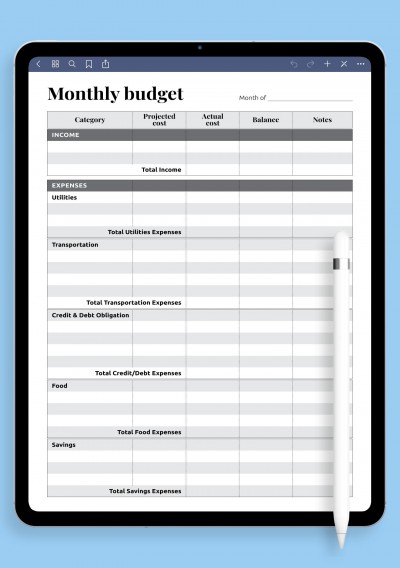 Monthly budget with total expense sections template for Notability