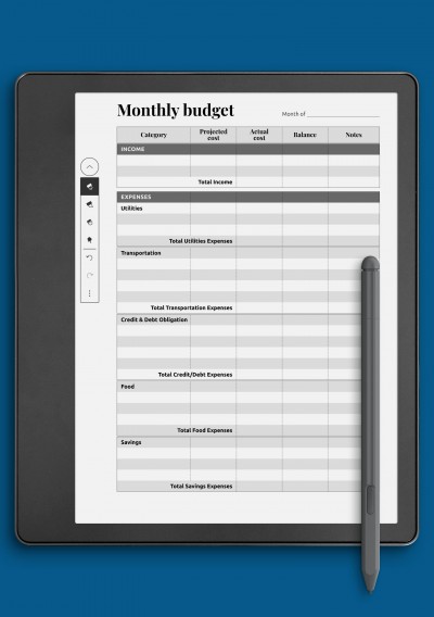Kindle Scribe Monthly budget with total expense sections template