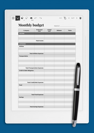 Monthly budget with total expense sections template for Supernote A5X