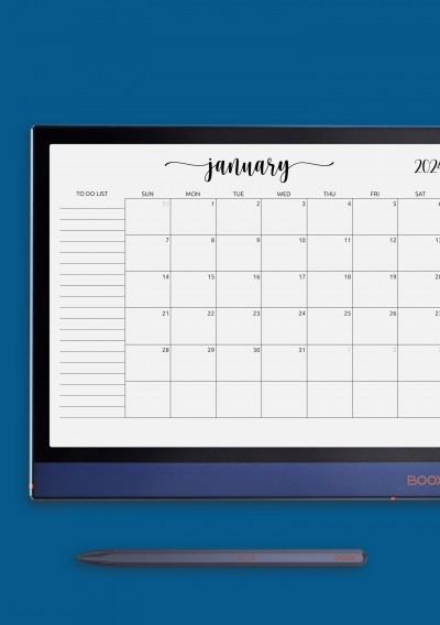 Horizontal Monthly Calendar with To-Do List for Onyx BOOX