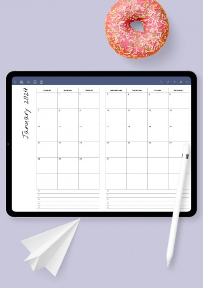 Monthly calendar with notes template for GoodNotes