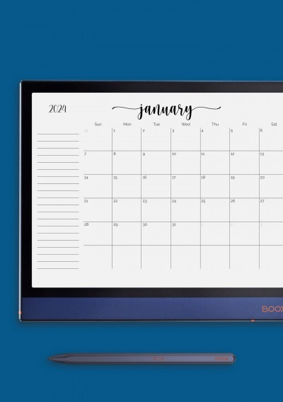Horizontal Monthly Calendar with Notes Section for Onyx BOOX