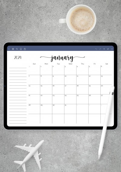 Horizontal Monthly Calendar with Notes Section for GoodNotes