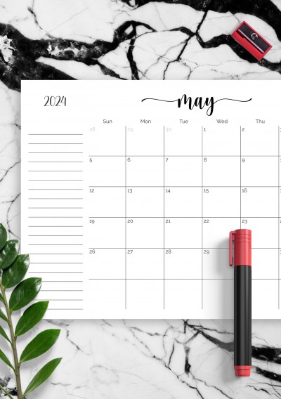 Download Monthly Calendar with Notes Section - Printable PDF