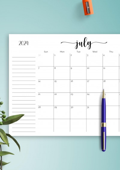 July 2024 Calendar with Notes Section