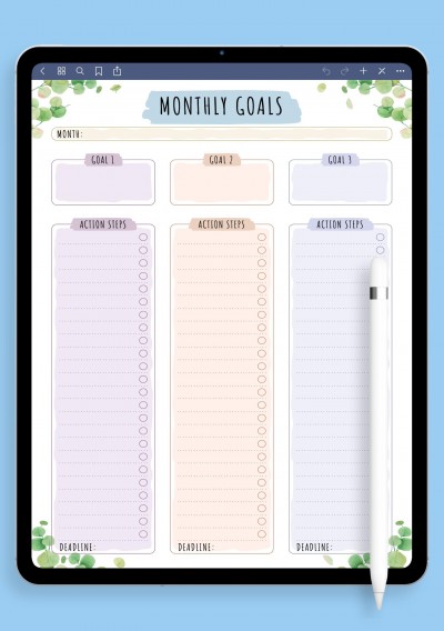 iPad Monthly Goals with Action Steps - Floral Style Template
