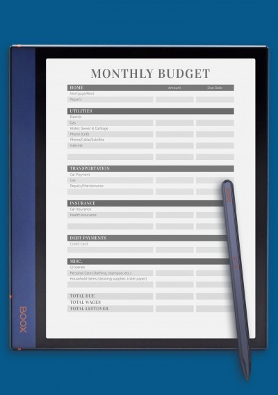 Monthly Household Budget template for BOOX Note