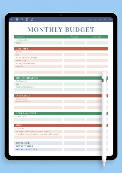 iPad & Android Monthly Household Budget Template
