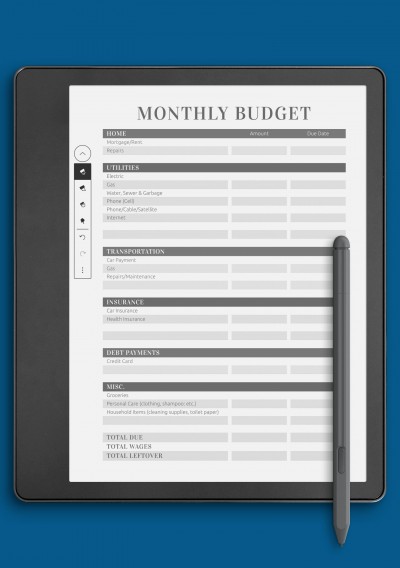 Monthly Household Budget Template for Kindle Scribe
