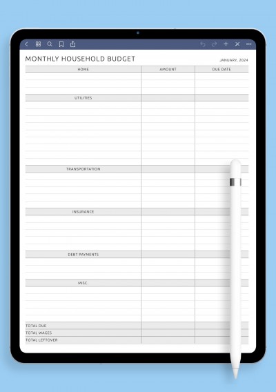 GoodNotes Template Monthly Household Budget Original 