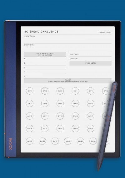 Monthly No Spend Challenge Tracker Template for BOOX Tab
