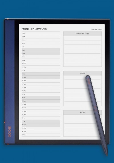 Monthly Summary Template for BOOX Note Air