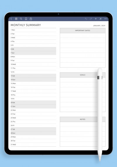 Monthly Summary Template for GoodNotes