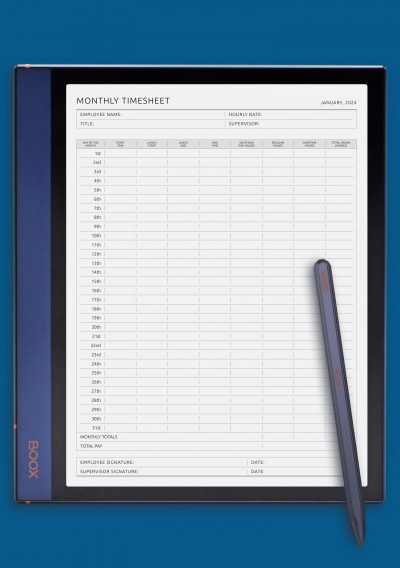 Monthly Timesheet Template for BOOX Note Air