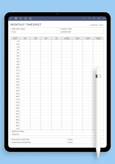 iPad Monthly Timesheet Template