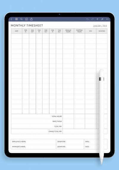 Monthly Timesheet With Two Breaks Template for iPad & Android
