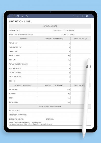 Nutrition Label template for GoodNotes