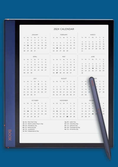 One Page Annual Calendar with Holidays Template for BOOX Note