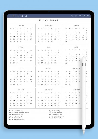 One Page Annual Calendar with Holidays Template for GoodNotes
