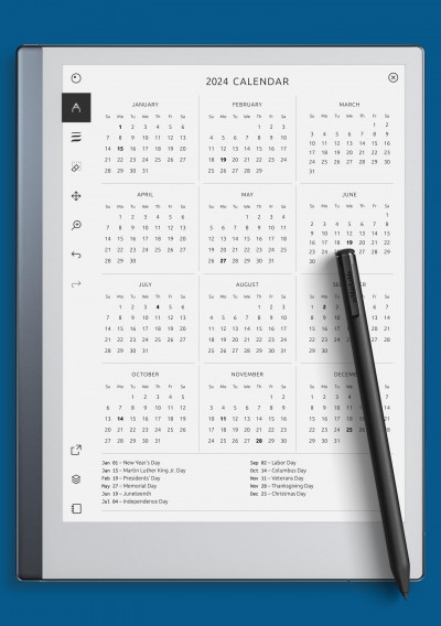 reMarkable One Page Annual Calendar with Holidays Template