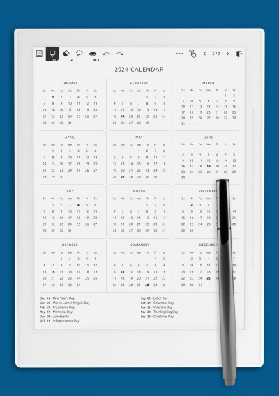 Supernote A6X One Page Annual Calendar with Holidays Template