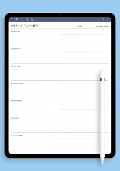 One-Page Weekly Horizontal Planner template for GoodNotes