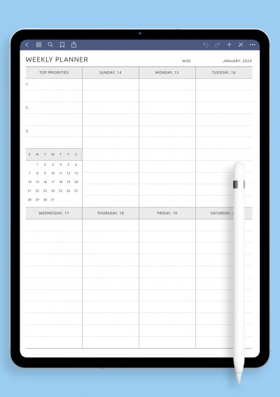 One-Page Weekly Schedule with All Days Equal Size template for GoodNotes