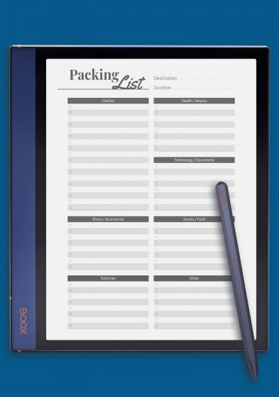 Packing List template for BOOX Note
