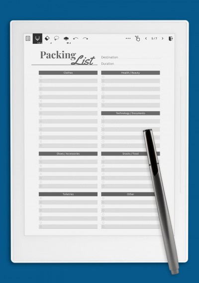 Supernote Packing List Template