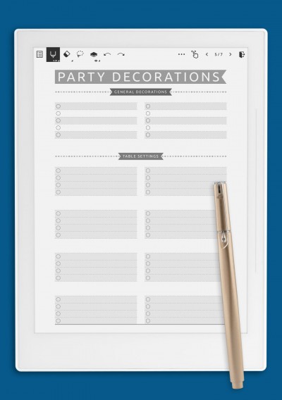 Party Decorations List - Casual Style Template for Supernote