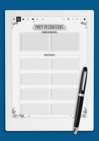 Party Decorations List - Floral Style Template for Supernote A6X