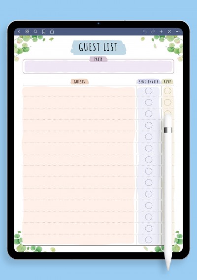 Party Guest List - Floral Style Template for iPad & Android